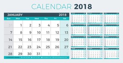 Calendar Planner 2018 Year. Simple Minimal Wall Type Calendar Template. Week Starts From Sunday. Vector Illustrator