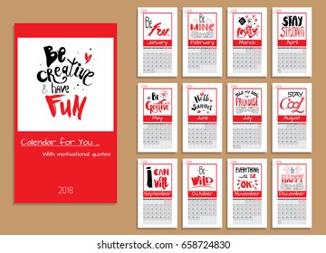 Calendar planner for 2018 Year. Vector design template with motivational quotes. Set of 12 months. 