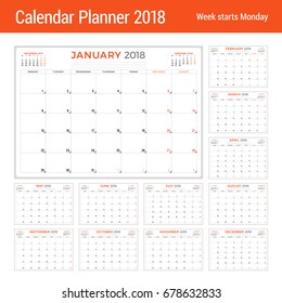 Calendar planner for 2018 year. Vector design template. Week starts on Monday. Stationery design. Set of 12 months