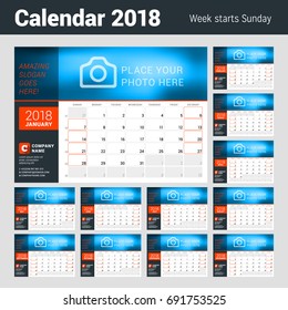 Calendar Planner for 2018 Year. Vector Design Template with Place for Photo. Week Starts on Sunday. Calendar Grid with Week Numbers. Set of 12 Months