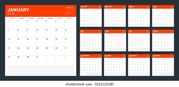 Calendar planner for 2018 year. Week starts on Sunday. Vector design print template