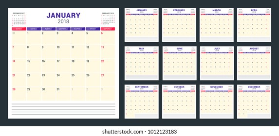 Calendar planner for 2018 year. Week starts on Sunday. Vector design print template