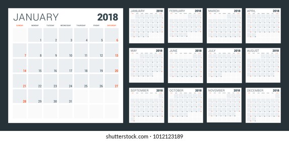 Calendar planner for 2018 year. Week starts on Sunday. Vector design print template