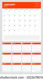 Calendar planner for 2018 year. Week starts on Monday. Vector design print template