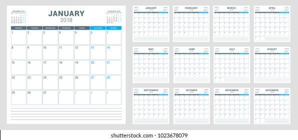 Calendar planner for 2018 year. Week starts on Monday. Vector design print template