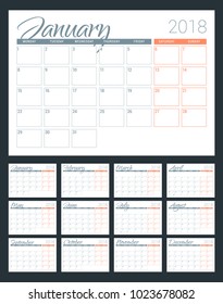 Calendar planner for 2018 year. Week starts on Monday. Vector design print template