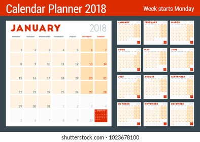 Calendar planner for 2018 year. Week starts on Monday. Printable vector design template. Stationery design