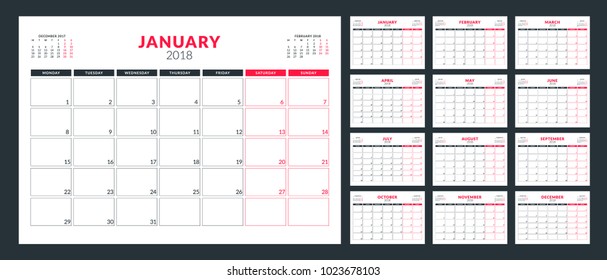 Calendar planner for 2018 year. Week starts on Monday. Vector design print template