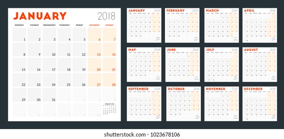 Calendar planner for 2018 year. Week starts on Monday. Vector design print template