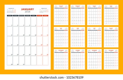 Calendar planner for 2018 year. Week starts on Monday. Vector design print template