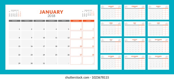 Calendar planner for 2018 year. Week starts on Monday. Vector design print template
