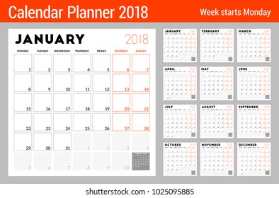 Calendar planner for 2018 year. Week starts on Monday. Printable vector design template. Stationery design