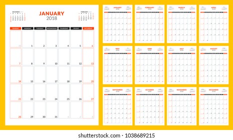Calendar planner for 2018 year. Week starts on Sunday. Vector design print template