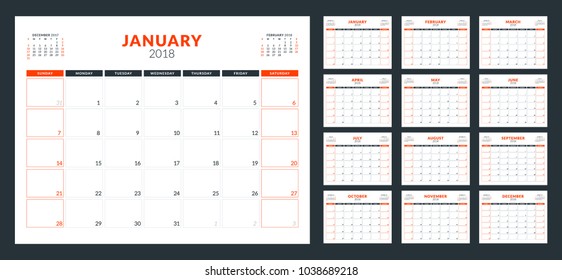 Calendar planner for 2018 year. Week starts on Sunday. Vector design print template