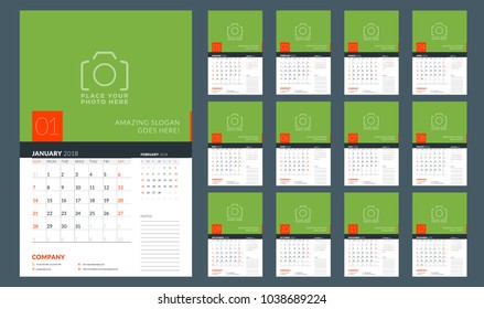 Planificador del calendario para el año 2018. La semana empieza el domingo. Plantilla de impresión de diseño de vectores