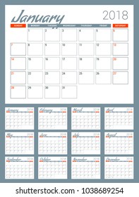 Calendar planner for 2018 year. Week starts on Sunday. Vector design print template