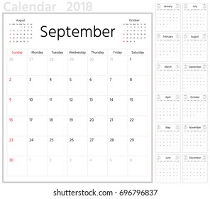 Calendar planner for 2018 year. Week starts from Sunday. Sans serif font, white background. 12 months set
