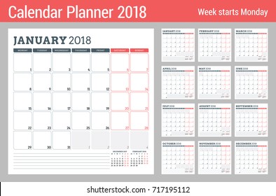 Calendar planner for 2018 year. Week starts on Monday. Set of 12 months. Printable vector design template. Stationery design