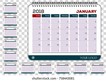 Calendar planner for 2018 year. Week starts on Sunday. Design template isolated on transparent background