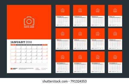 Calendar planner for 2018 year. Week starts on Sunday. Vector design print template