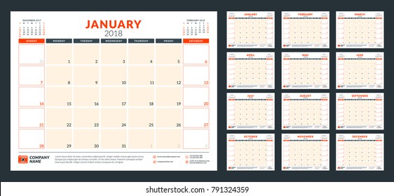 Calendar planner for 2018 year. Week starts on Sunday. Vector design print template