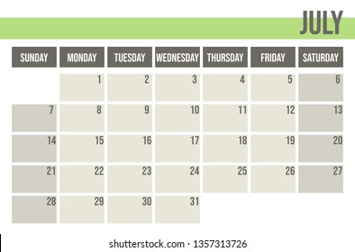 Calendar planner 2019. Monthly planner. The week starts on Sunday. July. Geometric laconic design.