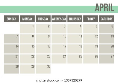 Calendar planner 2019. Monthly planner. The week starts on Sunday. April. Geometric laconic design.