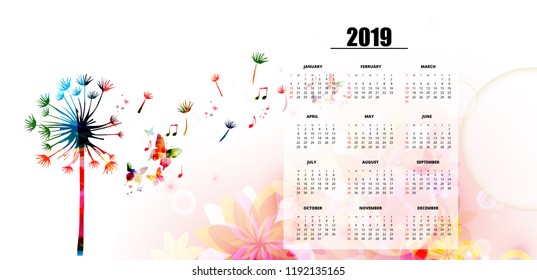 Plantilla planificadora del calendario 2019 con diente de león colorido. Afiche del calendario de la naturaleza, la semana empieza el domingo. Diseño del calendario para 2019 en segundo plano aislado, ilustración vectorial