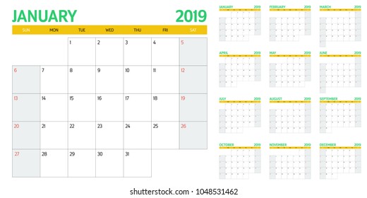 Calendar planner 2019 template vector illustration all 12 months week starts on Sunday and indicate weekends on Saturday and Sunday