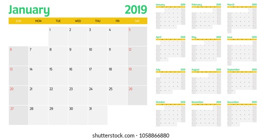 Calendar planner 2019 template vector illustration all 12 months week starts on Sunday and indicate weekends on Saturday and Sunday