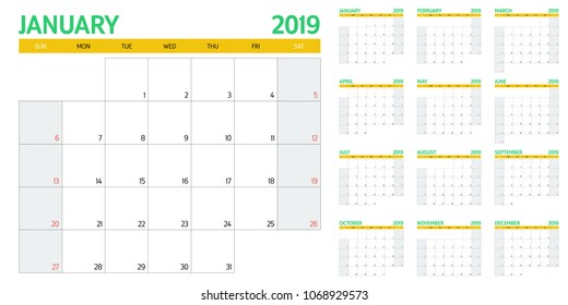 Ilustración vectorial de planeamiento de calendario 2019 todos los 12 meses de semana comienza el domingo e indica los fines de semana del sábado y el domingo