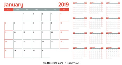 Calendar planner 2019 template vector illustration all 12 months week starts on Sunday and indicate weekends on Saturday and Sunday