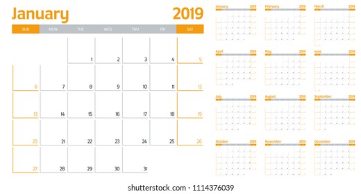 Calendar planner 2019 template vector illustration all 12 months week starts on Sunday and indicate weekends on Saturday and Sunday