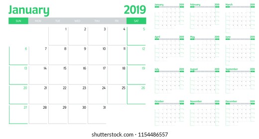 Calendar planner 2019 template vector illustration all 12 months week starts on Sunday and indicate weekends on Saturday and Sunday