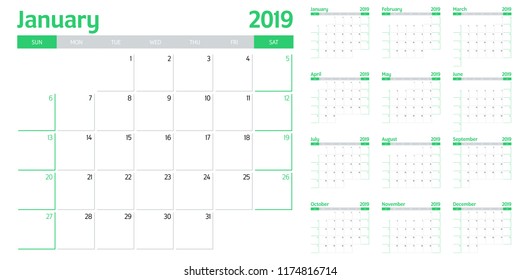 Calendar planner 2019 template vector illustration all 12 months week starts on Sunday and indicate weekends on Saturday and Sunday