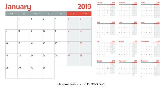 Calendar planner 2019 template vector illustration all 12 months week starts on Monday and indicate weekends on Saturday and Sunday