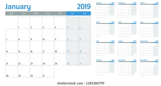 Calendar planner 2019 template vector illustration all 12 months week starts on Monday and indicate weekends on Saturday and Sunday