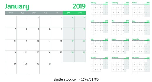 Calendar planner 2019 template vector illustration all 12 months week starts on Monday and indicate weekends on Saturday and Sunday