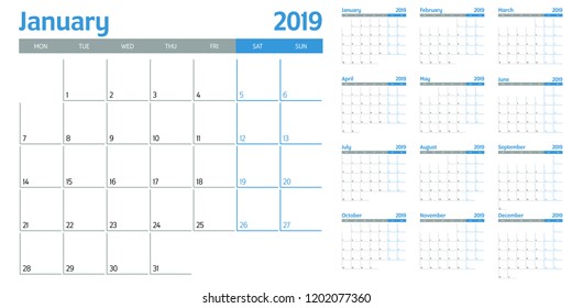 Calendar planner 2019 template vector illustration all 12 months week starts on Monday and indicate weekends on Saturday and Sunday