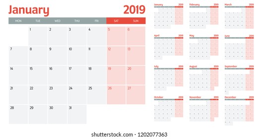 Calendar planner 2019 template vector illustration all 12 months week starts on Monday and indicate weekends on Saturday and Sunday
