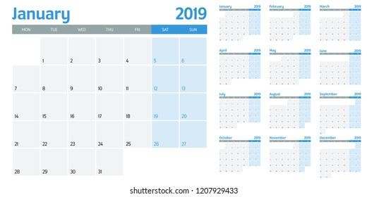 Calendar planner 2019 template vector illustration all 12 months week starts on Monday and indicate weekends on Saturday and Sunday