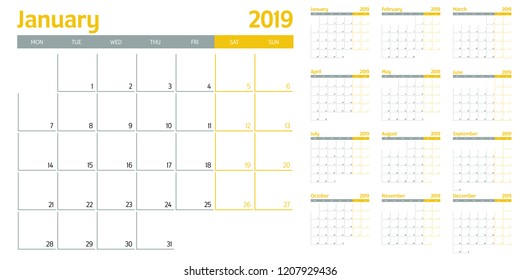 Calendar planner 2019 template vector illustration all 12 months week starts on Monday and indicate weekends on Saturday and Sunday