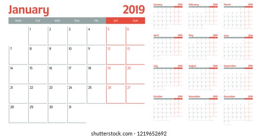 Calendar planner 2019 template vector illustration all 12 months week starts on Monday and indicate weekends on Saturday and Sunday