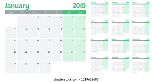 Calendar planner 2019 template vector illustration all 12 months week starts on Monday and indicate weekends on Saturday and Sunday