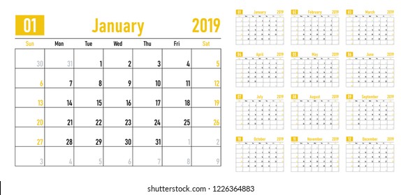 Calendar planner 2019 template vector illustration all 12 months week starts on Sunday and indicate weekends on Saturday and Sunday