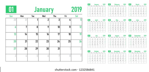 Calendar planner 2019 template vector illustration all 12 months week starts on Sunday and indicate weekends on Saturday and Sunday