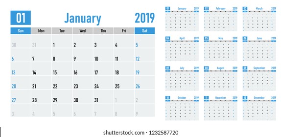 Calendar planner 2019 template vector illustration all 12 months week starts on Sunday and indicate weekends on Saturday and Sunday