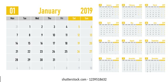 Calendar planner 2019 template vector illustration all 12 months week starts on Monday and indicate weekends on Saturday and Sunday