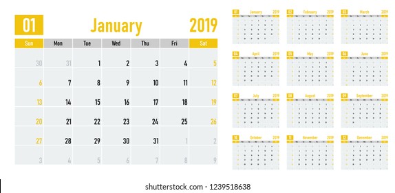 Calendar planner 2019 template vector illustration all 12 months week starts on Sunday and indicate weekends on Saturday and Sunday