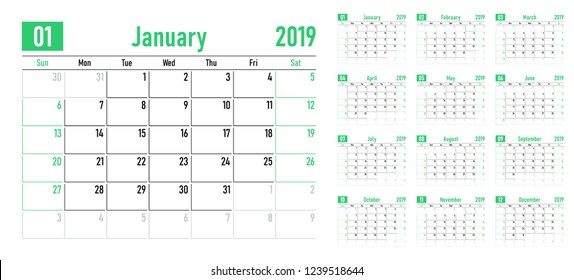Calendar planner 2019 template vector illustration all 12 months week starts on Sunday and indicate weekends on Saturday and Sunday